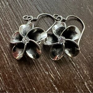 Plumeria CZ Sterling Silver Floral Dangle Drop Earrings.